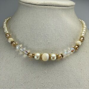 1928 Vintage Gold Tone Glass Pearl AB Glass Beaded Necklace
